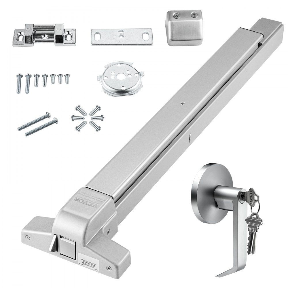 VEVOR push bar door locks, complete set with screws, latch, and handle with keys, silver finish.