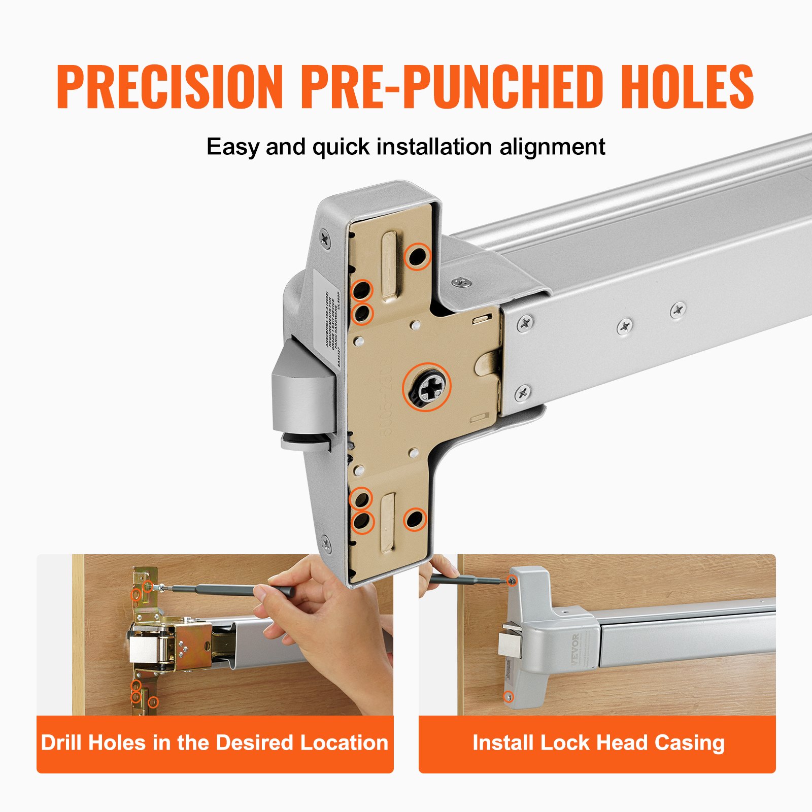 VEVOR push bar door locks with pre-punched holes for easy installation on wooden doors.