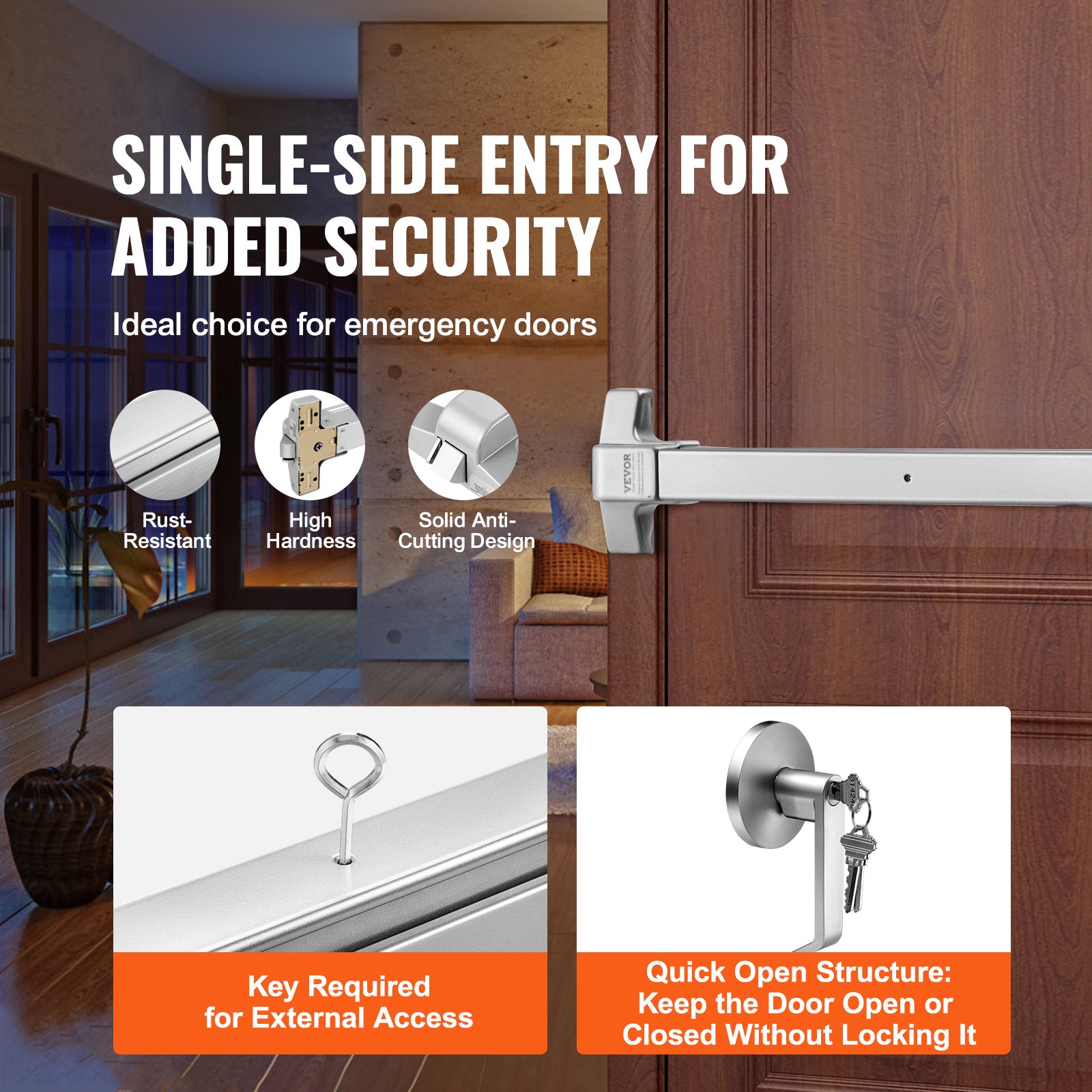 single-side entry door with VEVOR push bar door locks for emergency doors; rust-resistant, high hardness.