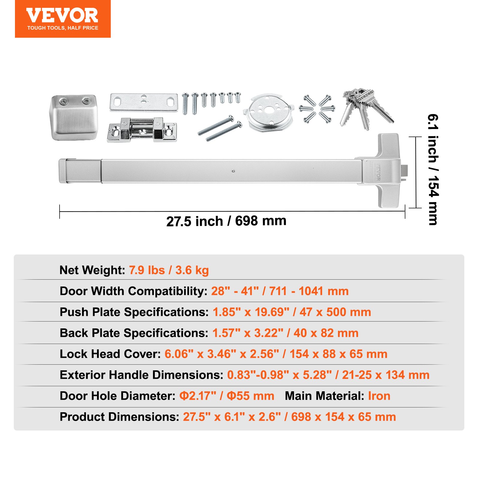 VEVOR push bar door locks with dimensions and compatibility details. includes screws and installation parts.