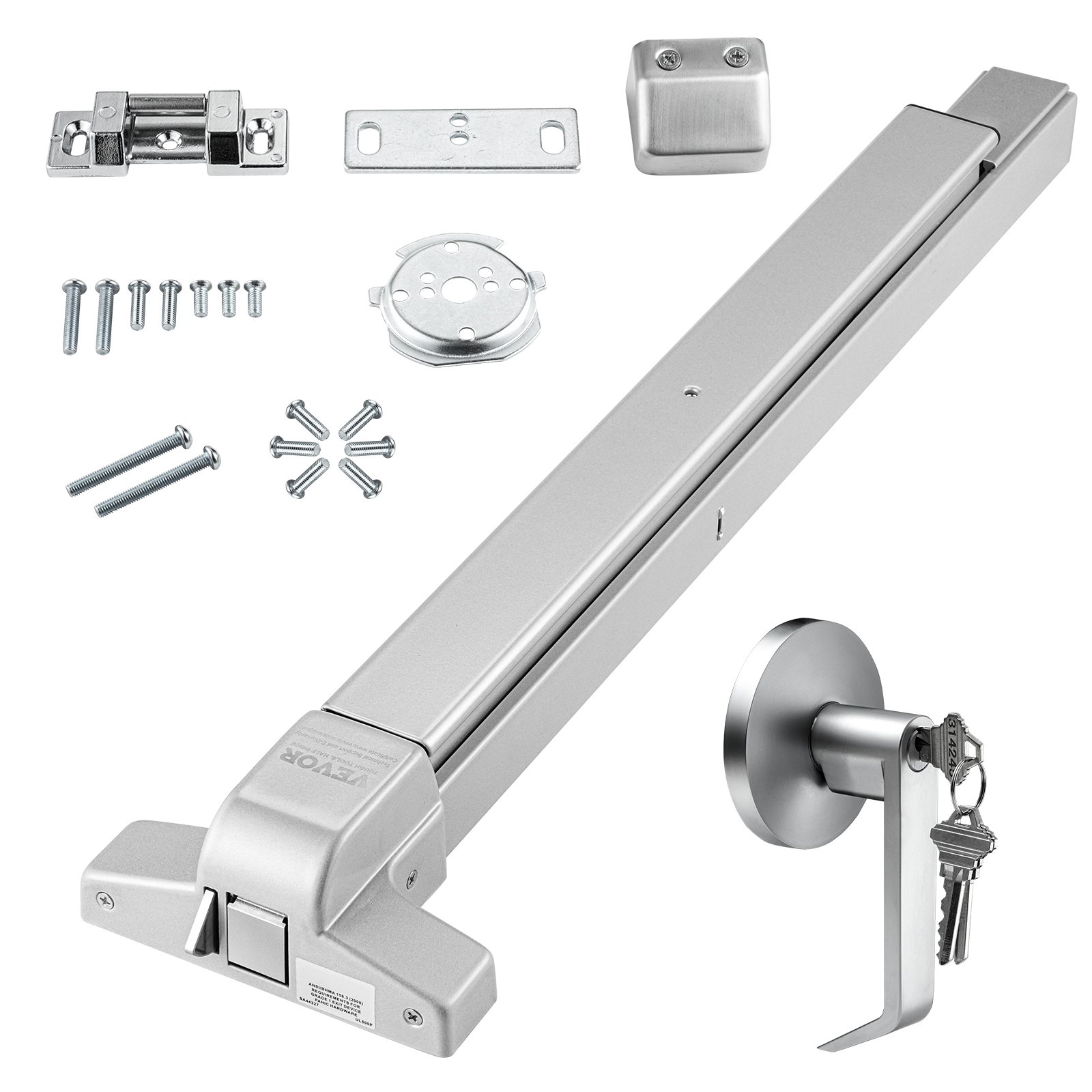 VEVOR push bar door locks, complete set with screws, latch, and handle with keys, silver finish.