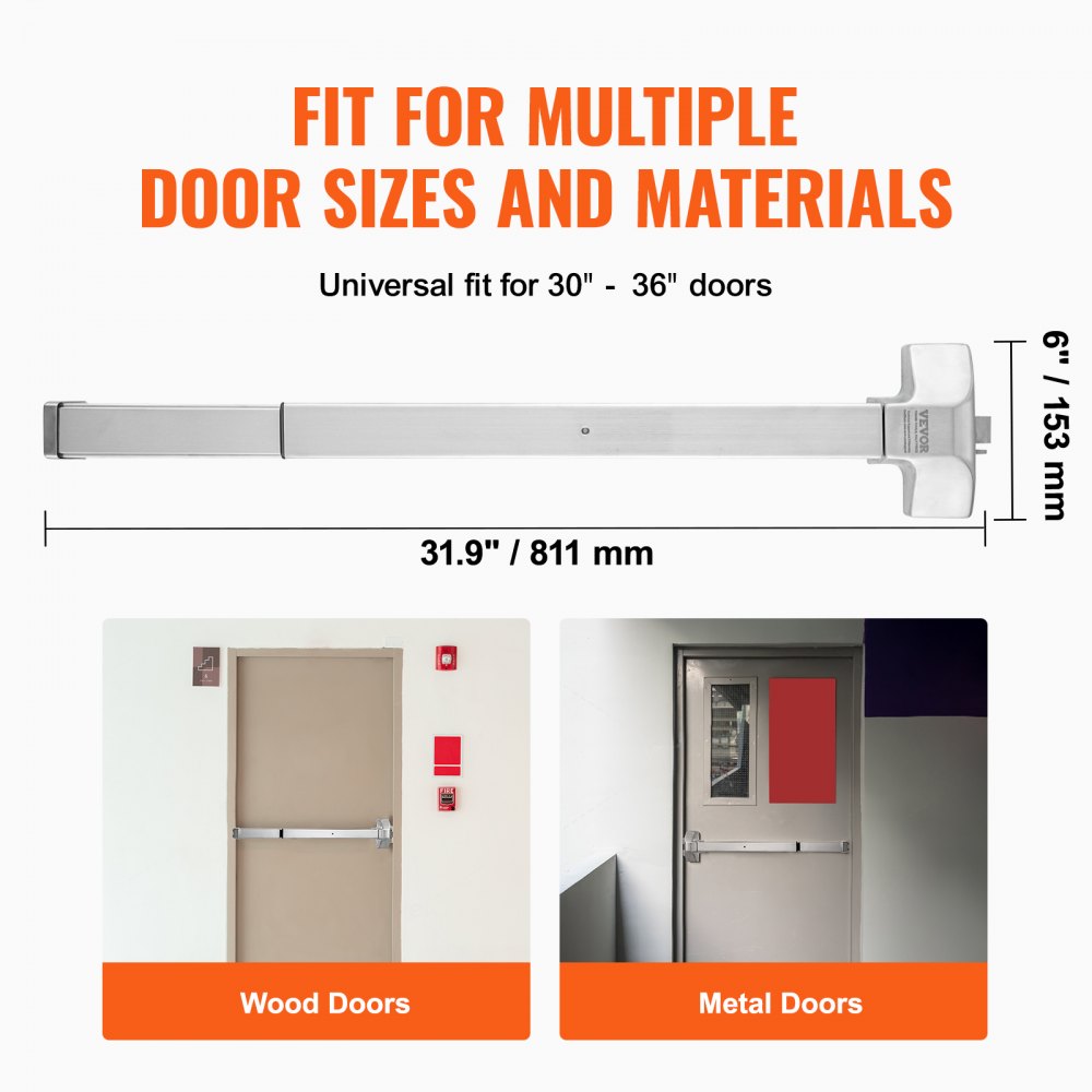 VEVOR panic exit device fits 30&quot;-36&quot; wood and metal doors, 31.9&quot;/811 mm length, 6&quot;/153 mm height.