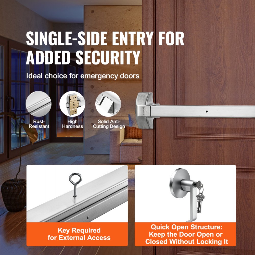 VEVOR panic exit device ensures single-side entry with high hardness, rust-resistant, anti-cutting design.