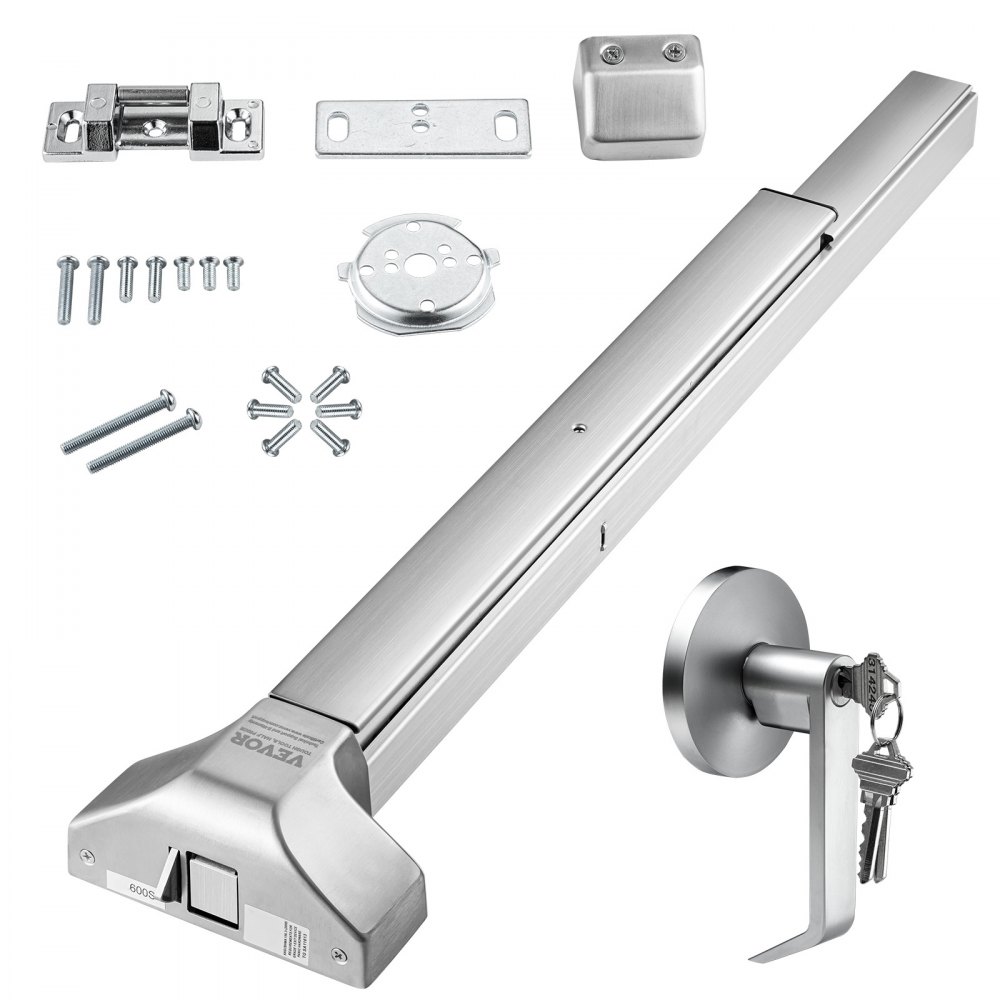 VEVOR panic exit device with hardware including screws, strike plate, latch, and external key lock.