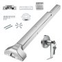 VEVOR panic exit device with hardware including screws, strike plate, latch, and external key lock.