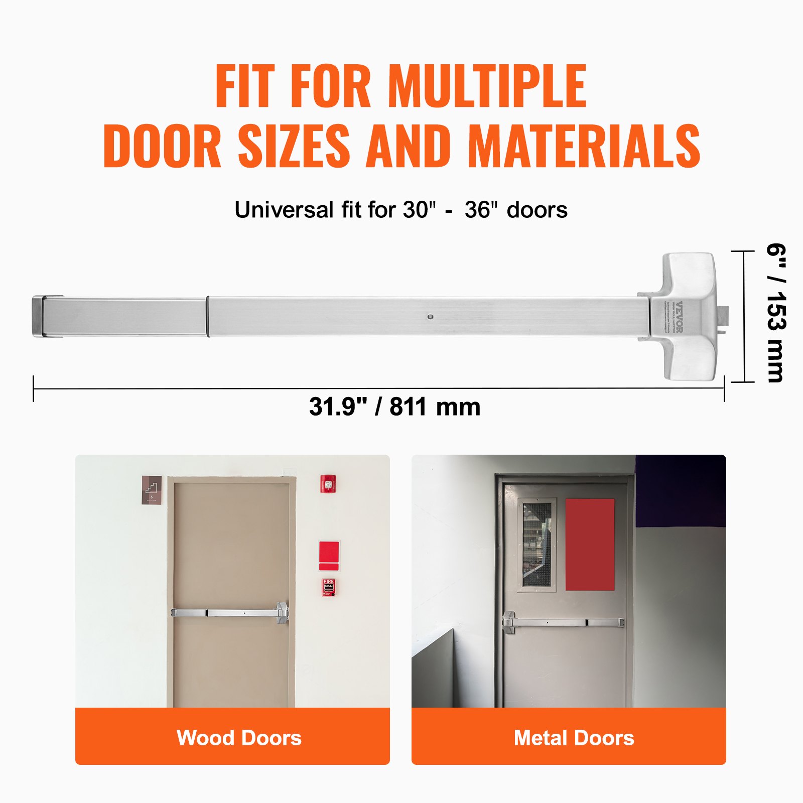 VEVOR panic exit device fits 30&quot;-36&quot; wood and metal doors, 31.9&quot;/811 mm length, 6&quot;/153 mm height.
