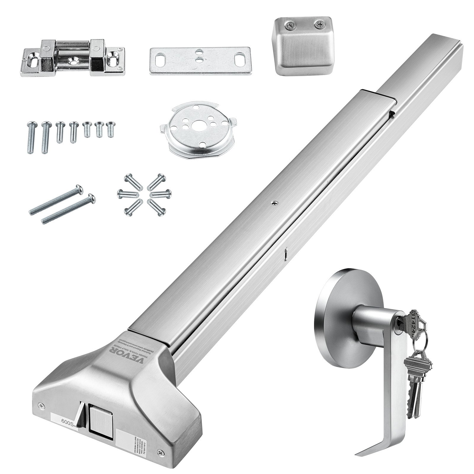 VEVOR panic exit device with hardware including screws, strike plate, latch, and external key lock.