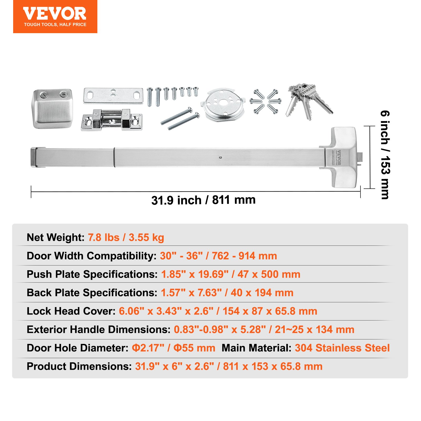 VEVOR Push Bar Door Locks, Stainless Steel Panic Bars for Exit Doors, with Exterior Lever and 3 Keys, Push Bar Panic Exit Device Door Hardware for Metal Wood Door, for Left and Right Handed Doors