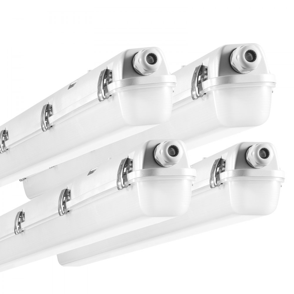 VEVOR led vapor tight light in white with waterproof casing, four fixtures shown closely aligned.