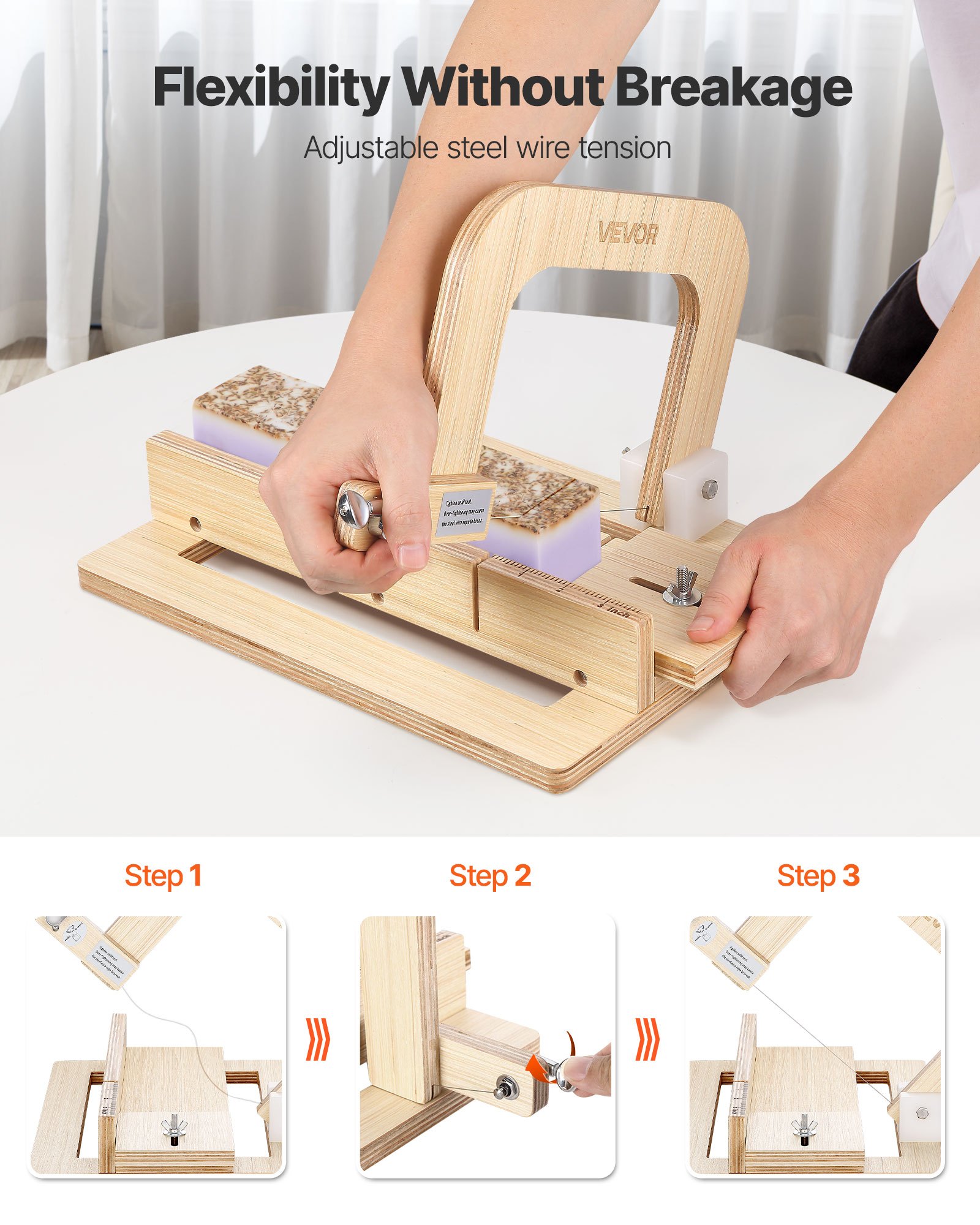 VEVOR Soap Cutter, 0-2 inch Adjustable Thickness, Wood Soap Slicer with Stainless Steel Adjustable Wire Tension, with Extra Wires, Multi Handmade Cutter for Candles, DIY Making Cutting Tool
