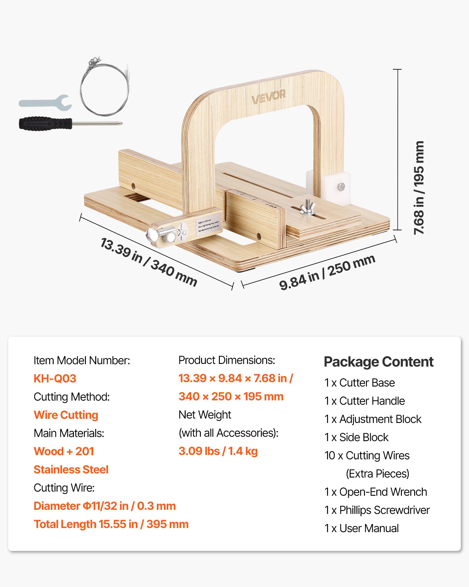 VEVOR Soap Cutter, 0-2 inch Adjustable Thickness, Wood Soap Slicer with Stainless Steel Adjustable Wire Tension, with Extra Wires, Multi Handmade Cutter for Candles, DIY Making Cutting Tool