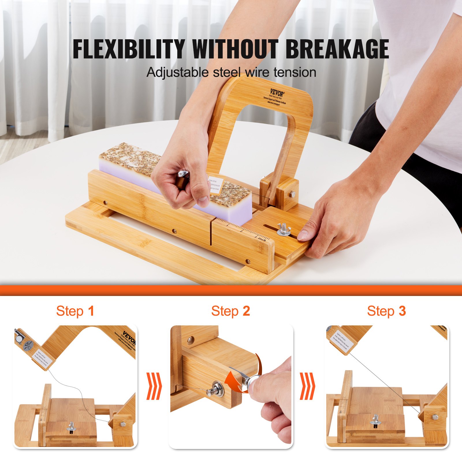VEVOR Soap Cutter, 0-2 inch Adjustable Thickness, Bamboo Soap Slicer With Adjustable Stainless Steel Wire, Multi Handmade Soap Wire Cutter for Loaf, Candles, Cheese, Butter, DIY Making Cutting Tool