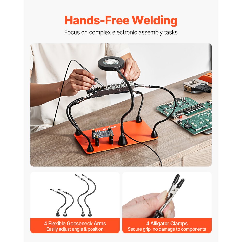 VEVOR Magnetic Helping Hands Soldering Station, 4 Flexible Arms Third Hand Soldering Tool, with 3X LED Magnifying Lamp, 4 PCB  Pillar Holder & Heavy-Duty Base, Electronic Repair Craft Hobby DIY