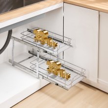 2-Tier 12"Wx21"Dx15"H Wire Pull Out Cabinet Under Sink Organizer Drawer Basket, 13.5"Wx22"Dx18"H Install Size for Cabinet