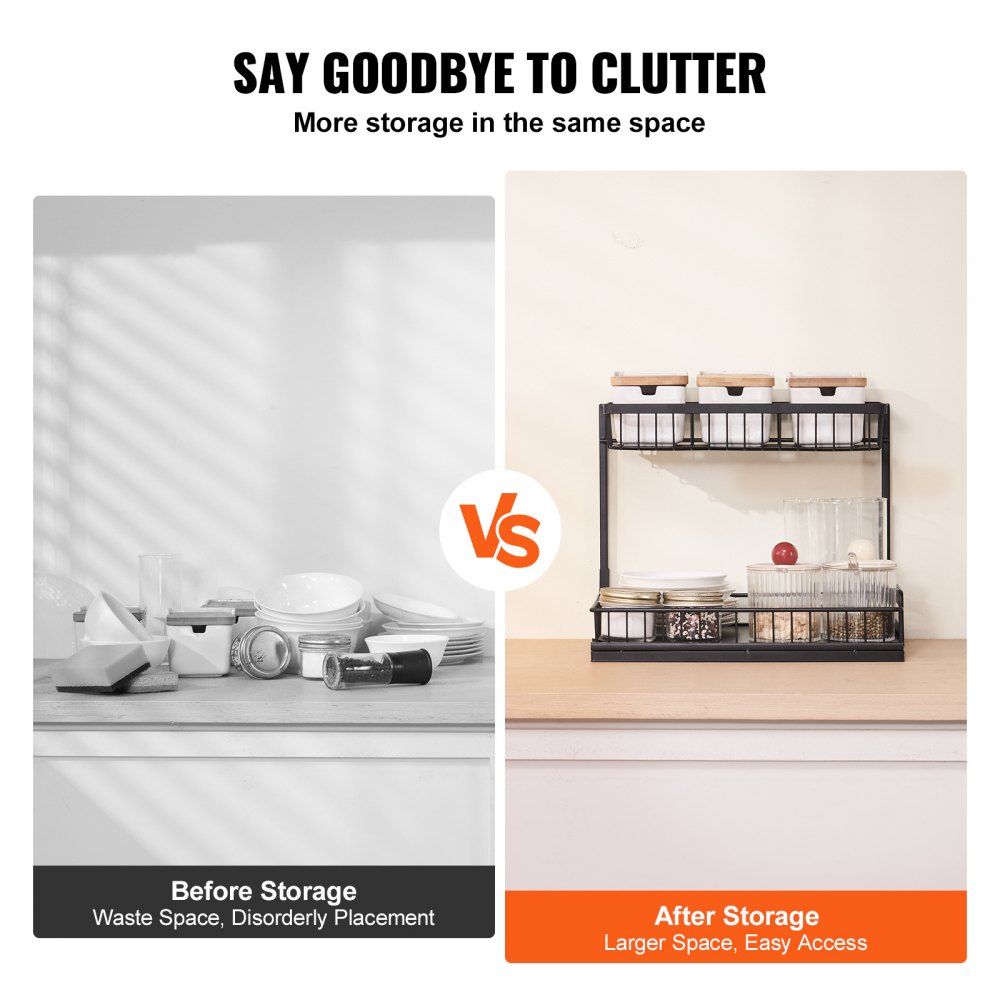 VEVOR 2 Tier Pull Out Cabinet Organizer(10.7"W x 14.2"D ), Under Sink Organizer and Storage, Slide Out Drawer Cabinet Organizer, Wire Basket Sliding Shelf, 12.5"Wx15.5"Dx13"H Install Size for Cabinet