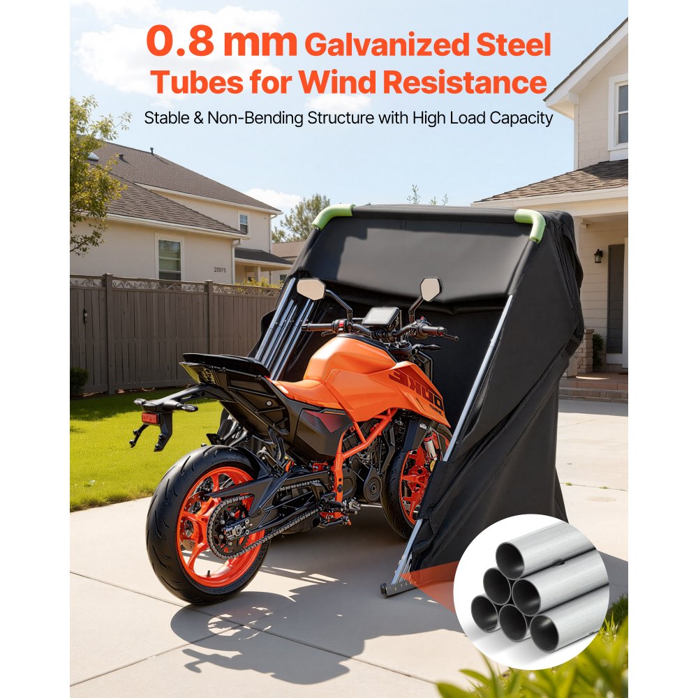 VEVOR Motorcycle Storage Shelter with Security Lock, 600D Oxford Flip-Up Garage Tent, Heavy-Duty All-Weather Motorcycle Cover with Ventilation Windows, 279x109.5x160 cm Outdoor Vehicle Shelter, Black