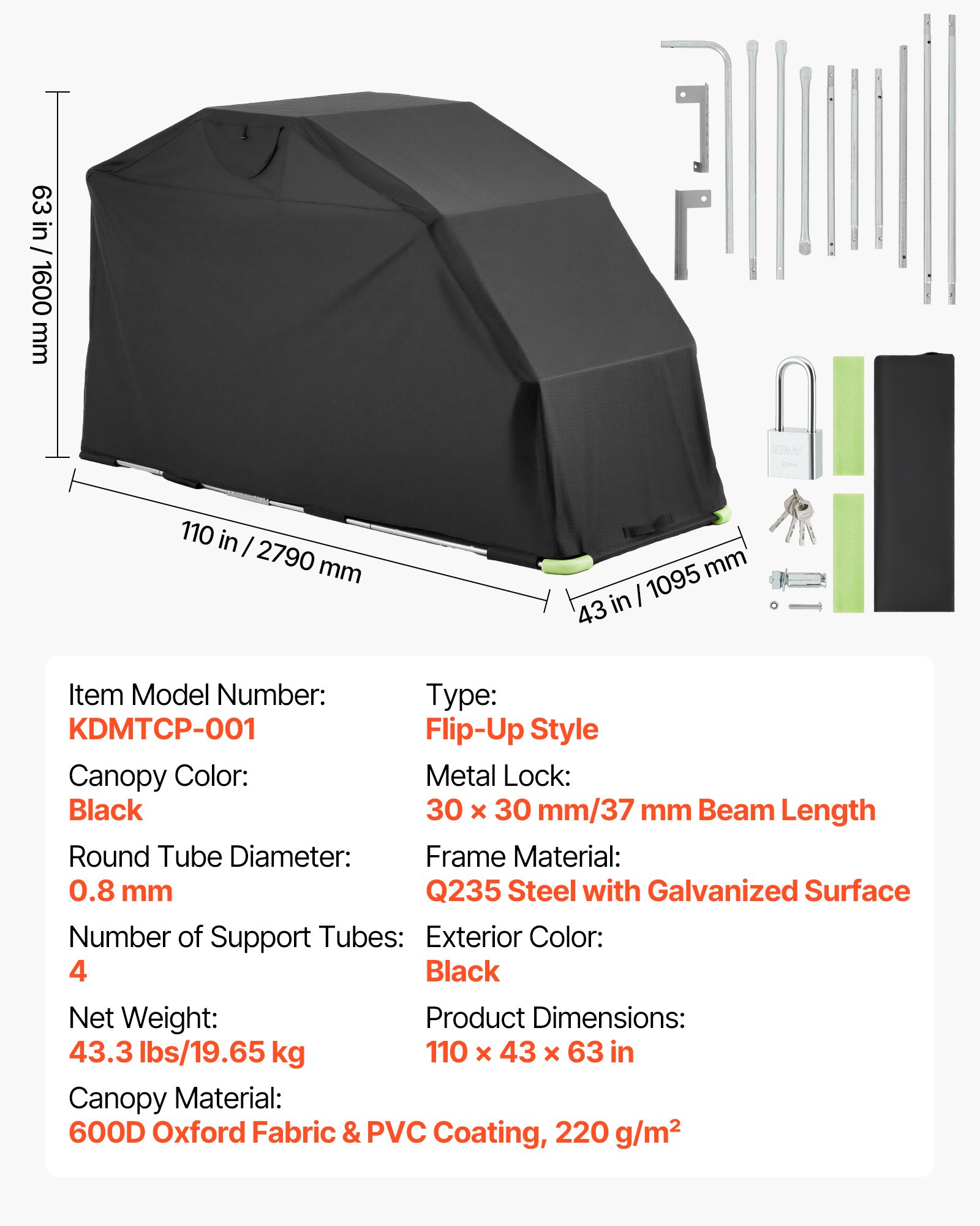 VEVOR Motorcycle Storage Shelter with Security Lock, 600D Oxford Flip-Up Garage Tent, Heavy-Duty All-Weather Motorcycle Cover with Ventilation Windows, 279x109.5x160 cm Outdoor Vehicle Shelter, Black