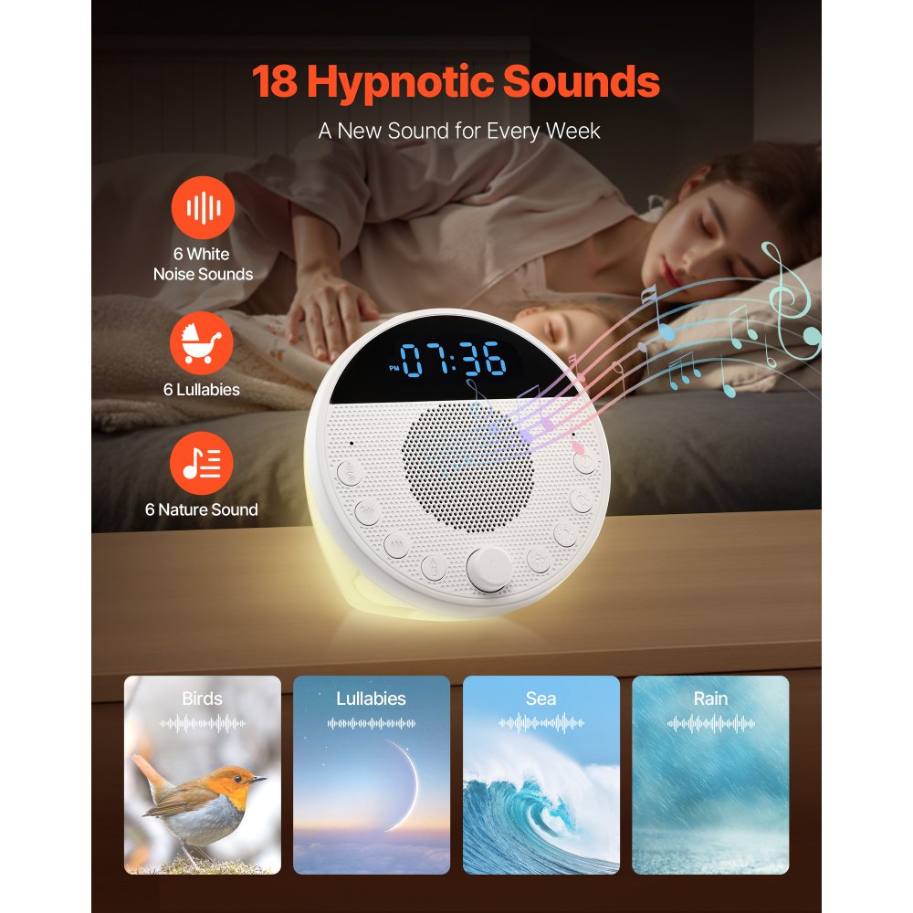 VEVOR Sound Machine, 18 Soothing Sleep Sounds, 7-Color Night Light, 6-in-1 White Noise Sound Machine with Dual Alarms, APP, Auto-Off Timer and Memory Function, for Baby, Adults, Home, Office & Travel