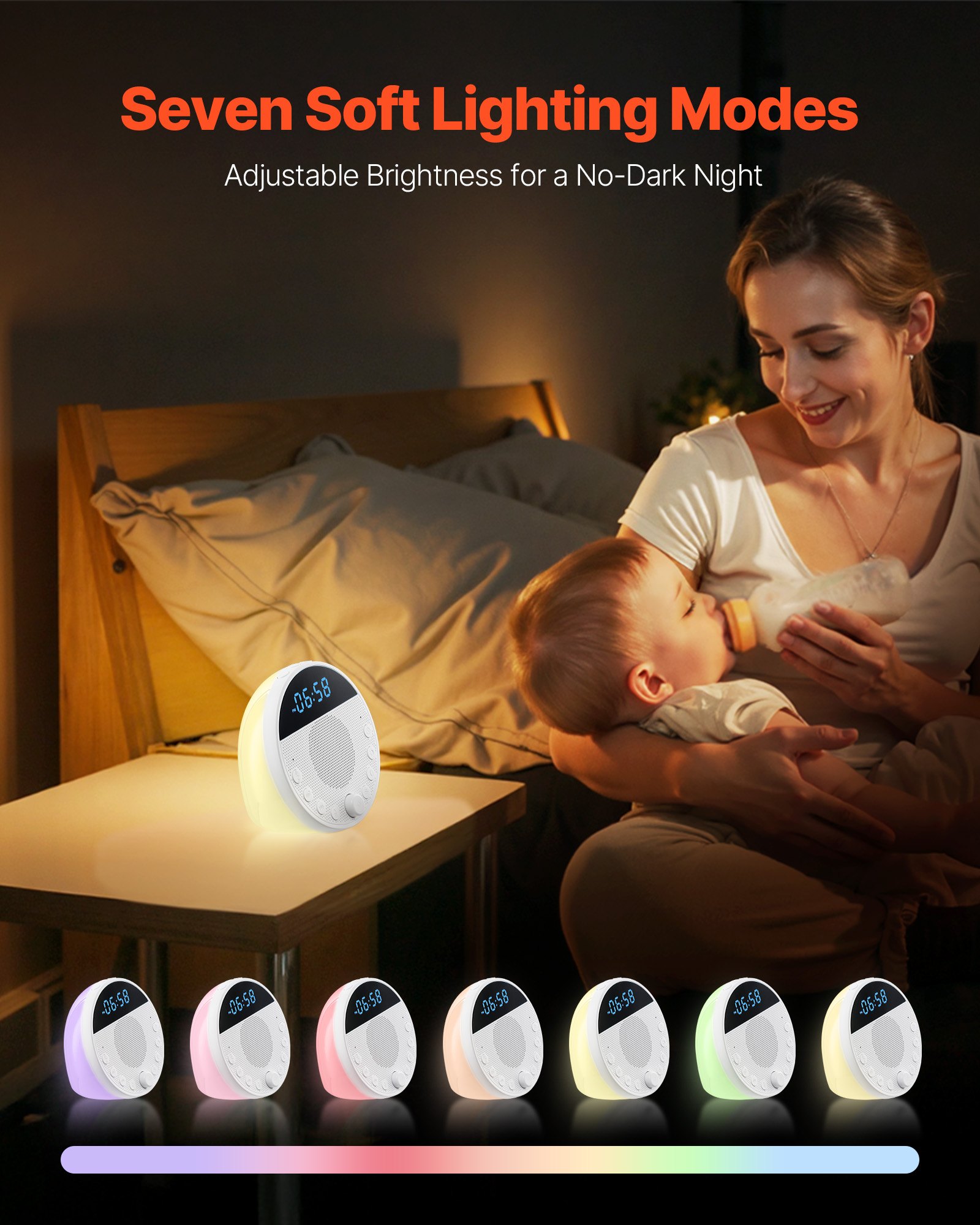 VEVOR Sound Machine, 18 Soothing Sleep Sounds, 7-Color Night Light, 6-in-1 White Noise Sound Machine with Dual Alarms, APP, Auto-Off Timer and Memory Function, for Baby, Adults, Home, Office & Travel