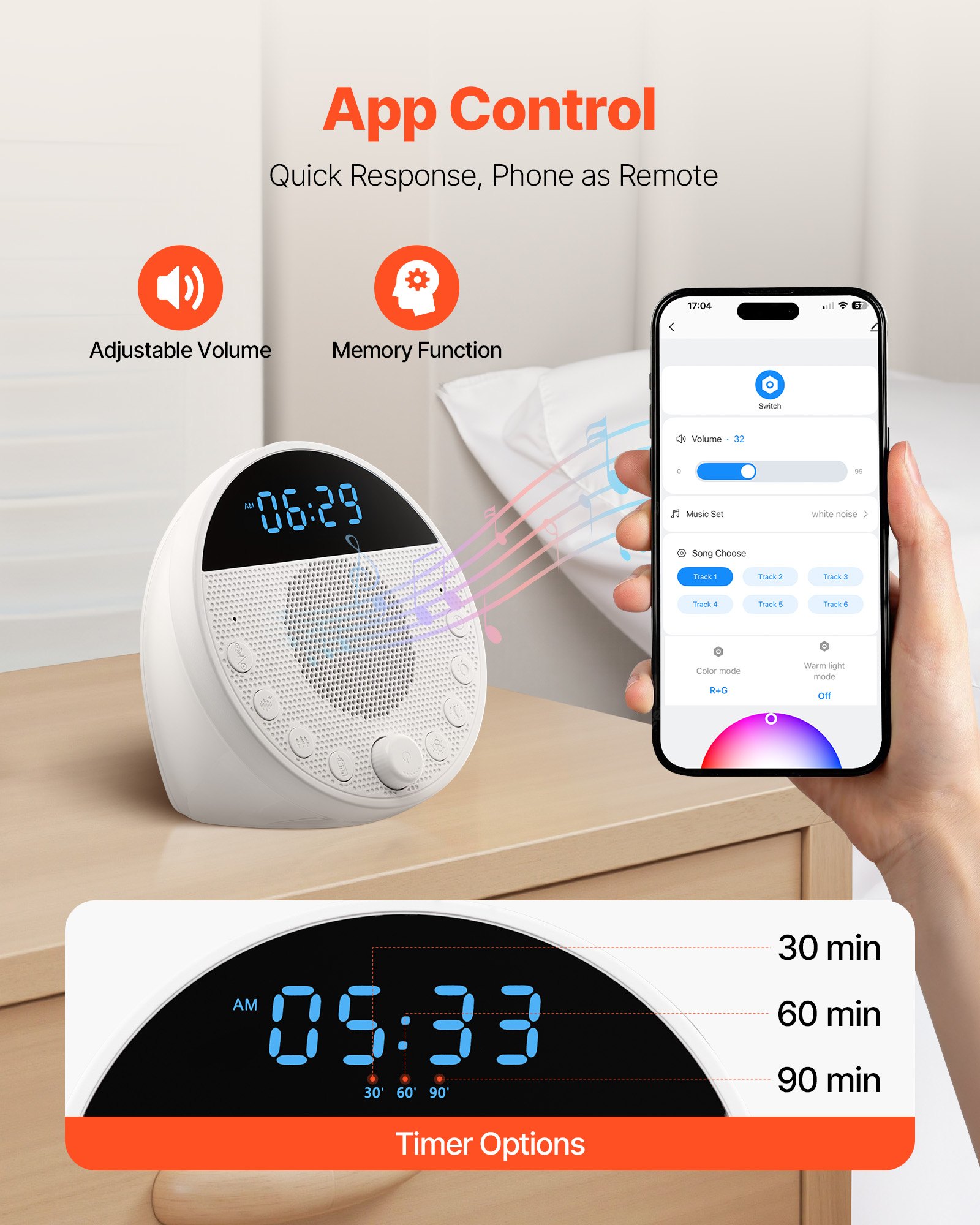 VEVOR Sound Machine, 18 Soothing Sleep Sounds, 7-Color Night Light, 6-in-1 White Noise Sound Machine with Dual Alarms, APP, Auto-Off Timer and Memory Function, for Baby, Adults, Home, Office & Travel