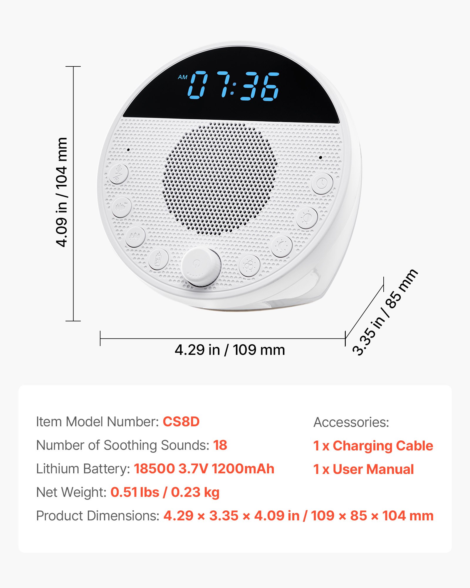 VEVOR Sound Machine, 18 Soothing Sleep Sounds, 7-Color Night Light, 6-in-1 White Noise Sound Machine with Dual Alarms, APP, Auto-Off Timer and Memory Function, for Baby, Adults, Home, Office & Travel
