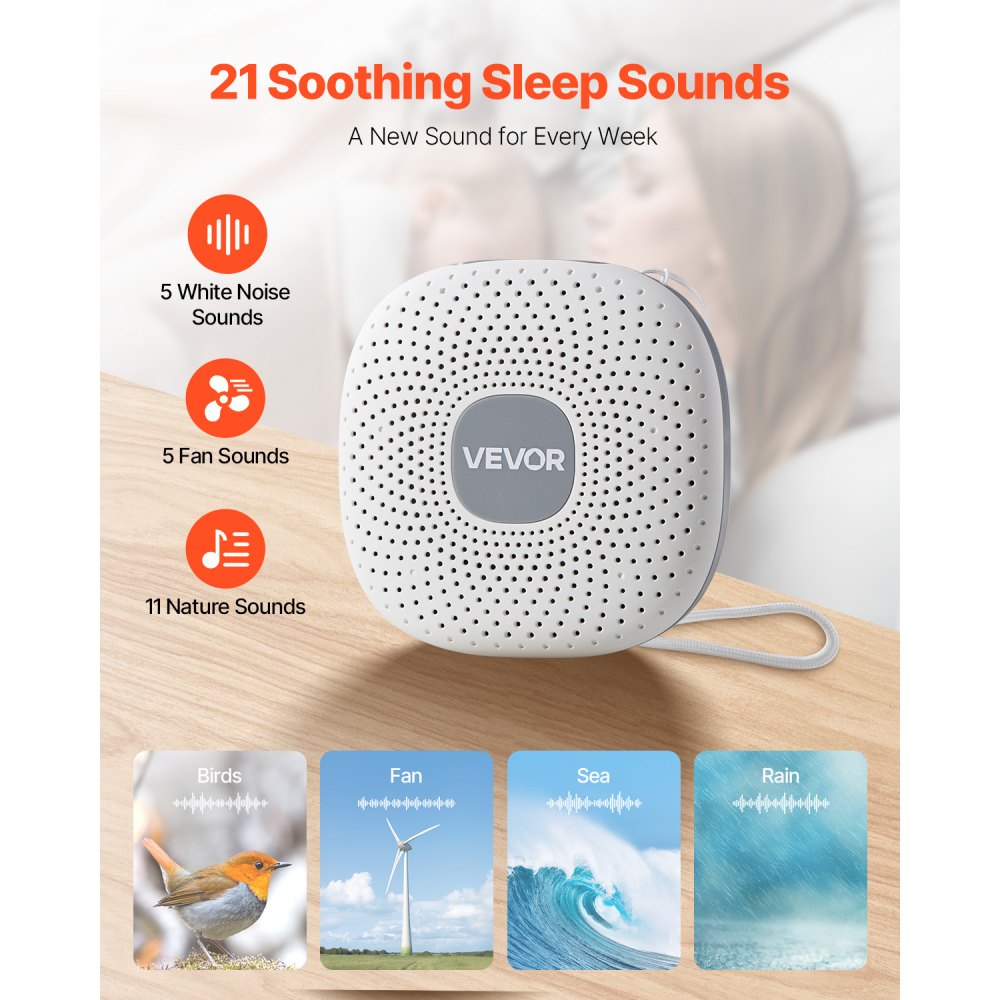 VEVOR Sound Machine, 21 Soothing Sleep Sounds, 3-in-1 Portable and Hangable White Noise Sound Machine with Auto-Off Timer, Soft Ring Light and Memory Function, for Baby, Adults, Home, Office & Travel