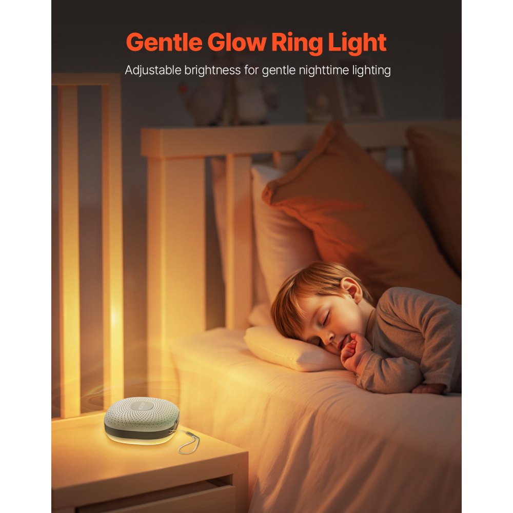 VEVOR Sound Machine, 21 Soothing Sleep Sounds, 3-in-1 Portable and Hangable White Noise Sound Machine with Auto-Off Timer, Soft Ring Light and Memory Function, for Baby, Adults, Home, Office & Travel