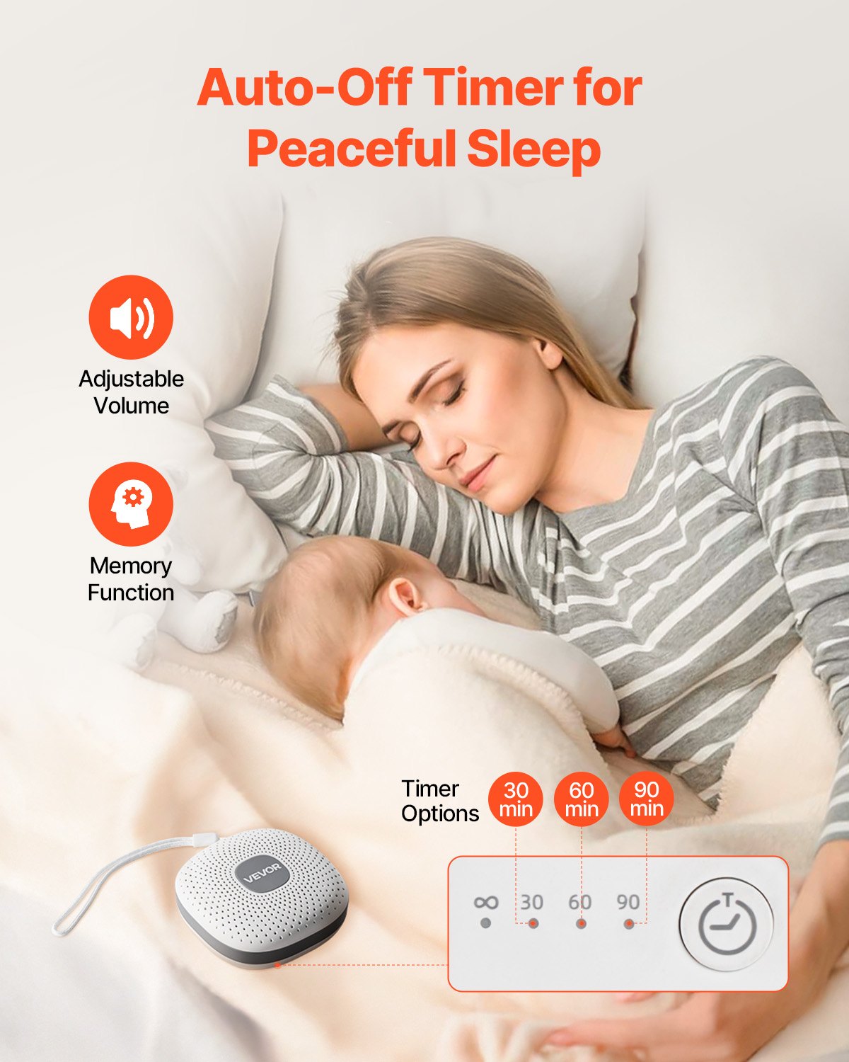 VEVOR Sound Machine, 21 Soothing Sleep Sounds, 3-in-1 Portable and Hangable White Noise Sound Machine with Auto-Off Timer, Soft Ring Light and Memory Function, for Baby, Adults, Home, Office & Travel