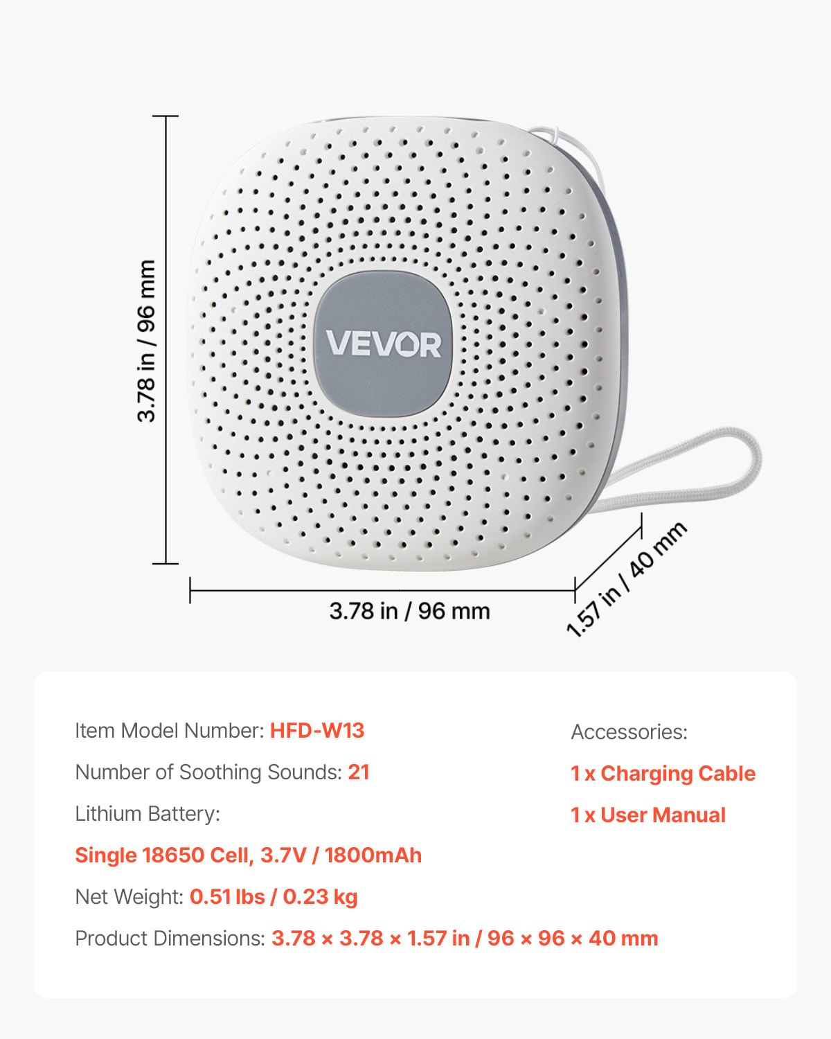 VEVOR Sound Machine, 21 Soothing Sleep Sounds, 3-in-1 Portable and Hangable White Noise Sound Machine with Auto-Off Timer, Soft Ring Light and Memory Function, for Baby, Adults, Home, Office & Travel