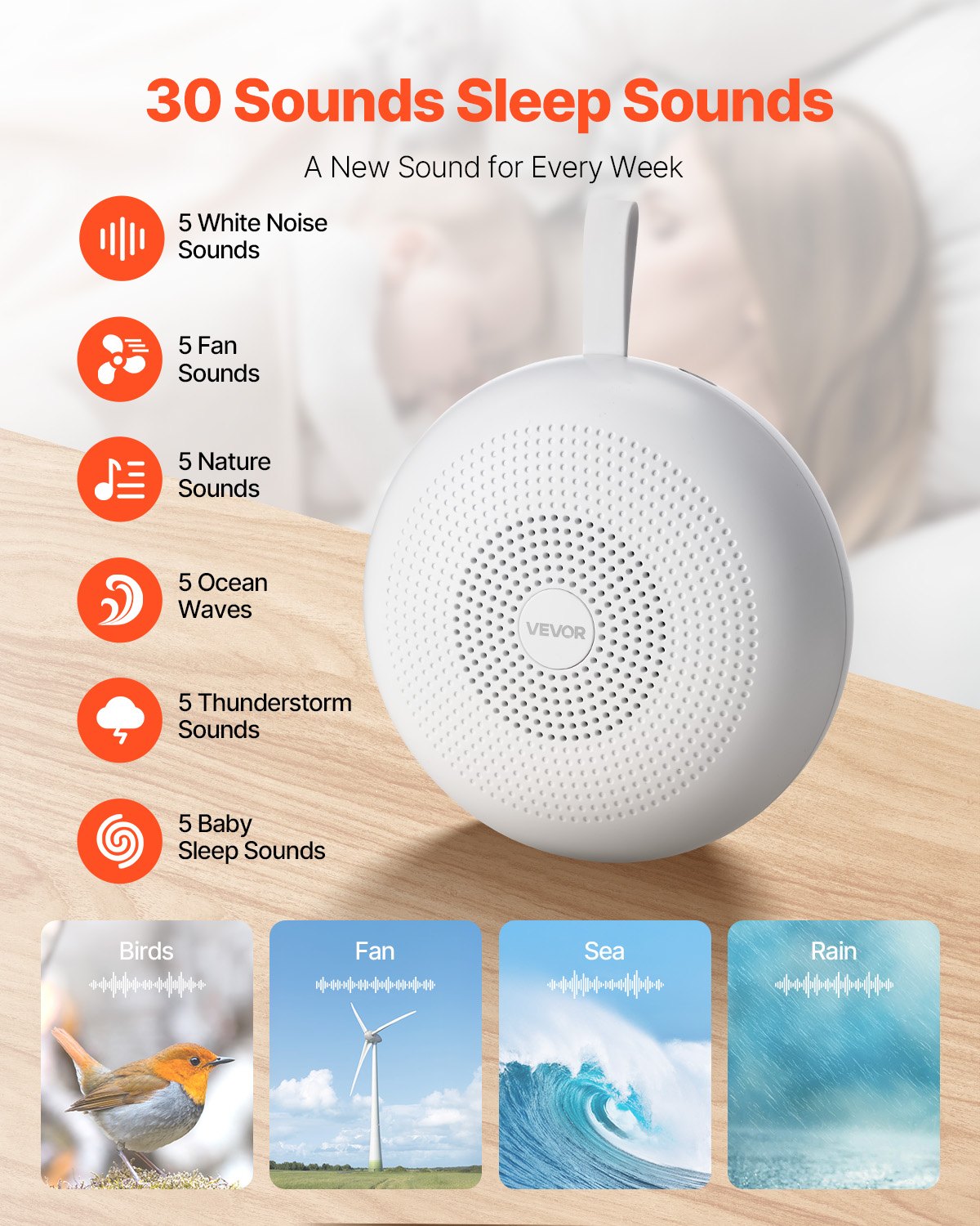 VEVOR Sound Machine, 30 Soothing Sleep Sounds, 3-in-1 Portable and Hangable White Noise Sound Machine with Auto-Off Timer, Soft Ring Light and Memory Function, for Baby, Adults, Home, Office & Travel