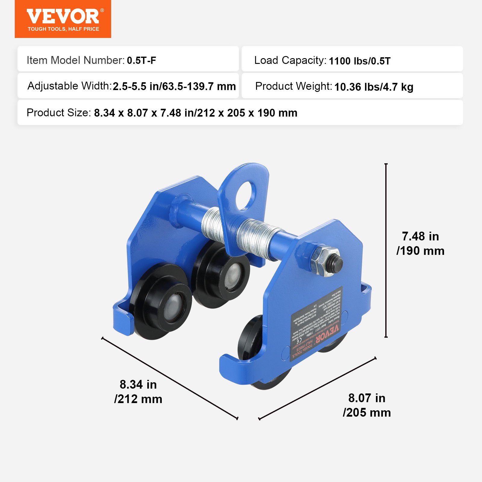 VEVOR Manual Trolley, 0.5 Ton Load Capacity Push Beam Trolley with Dual Wheels, Adjustable for I-Beam Flange Width 63.5 mm to 139.7 mm, Heavy Duty Alloy Steel Garage Hoist for Straight Curved I Beam
