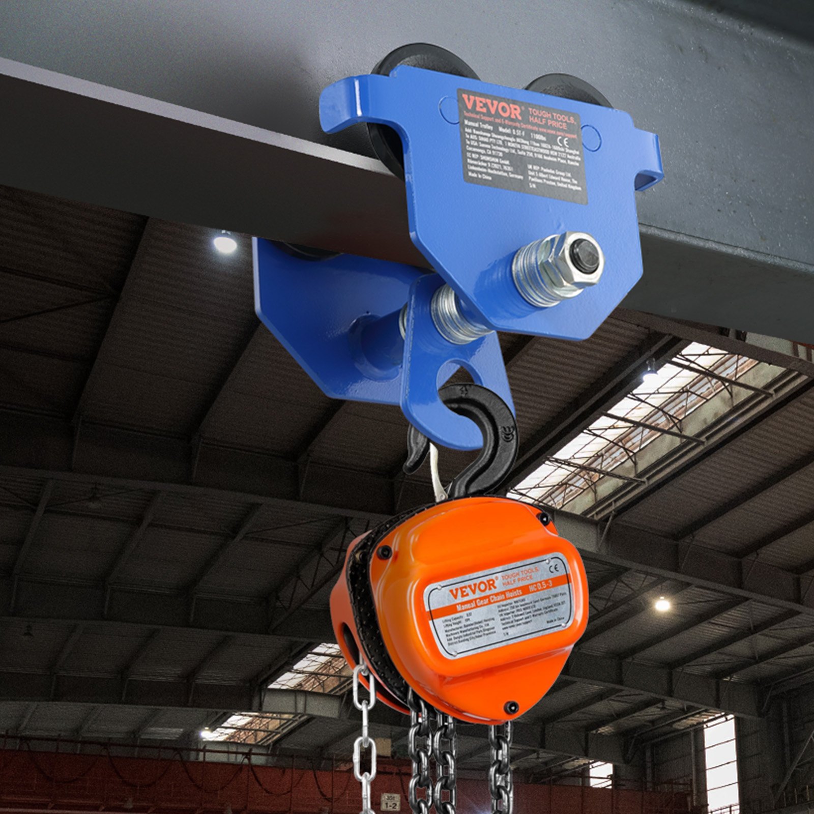 VEVOR Manual Trolley, 0.5 Ton Load Capacity Push Beam Trolley with Dual Wheels, Adjustable for I-Beam Flange Width 63.5 mm to 139.7 mm, Heavy Duty Alloy Steel Garage Hoist for Straight Curved I Beam