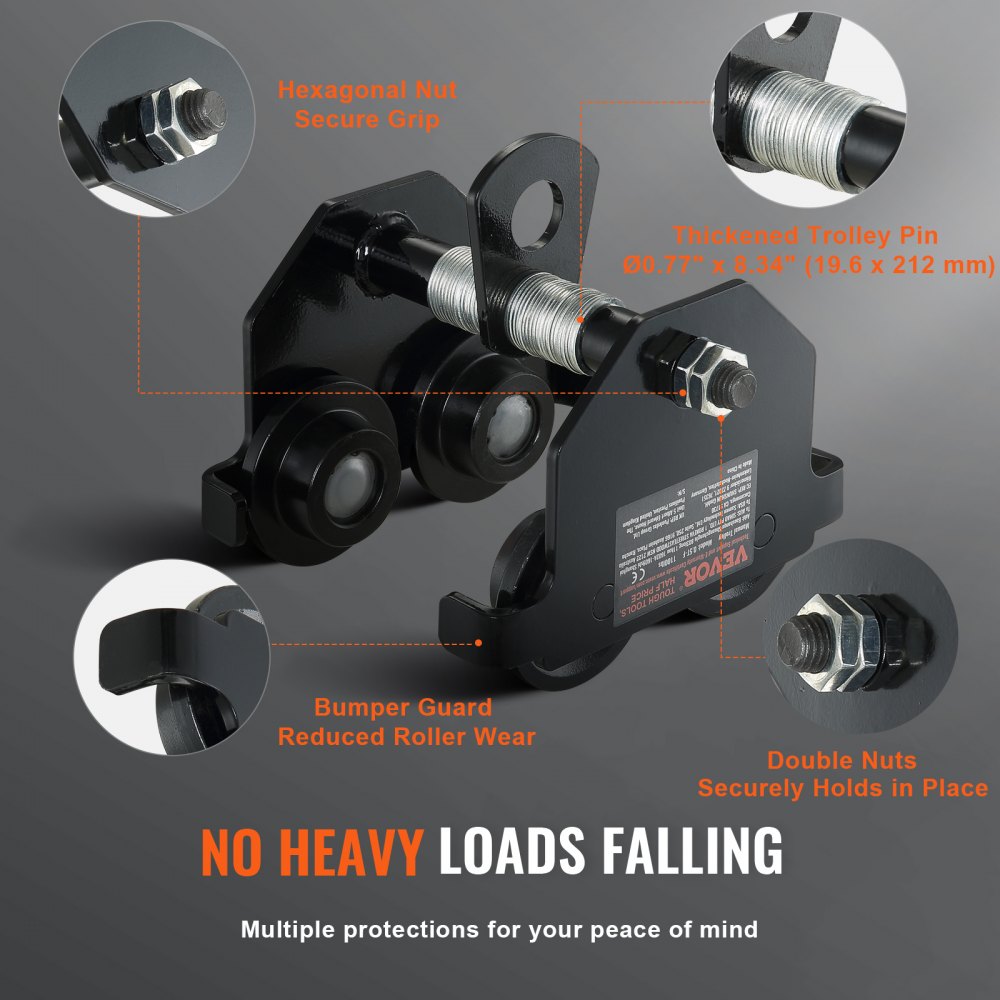 VEVOR manual trolley with hexagonal nut grip, thickened trolley pin, bumper guard, and double nuts.