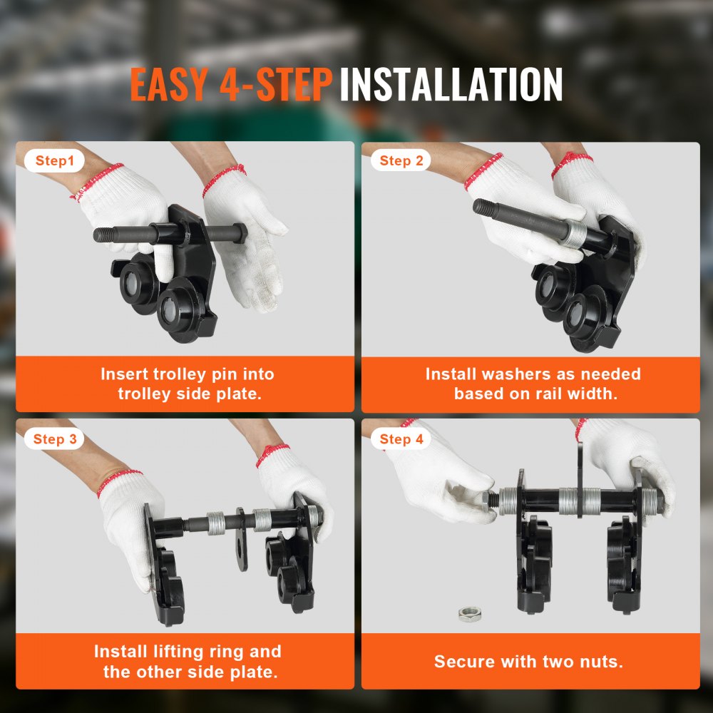 VEVOR manual trolley easy 4-step installation guide with steps for inserting pin, washers, and securing nuts.
