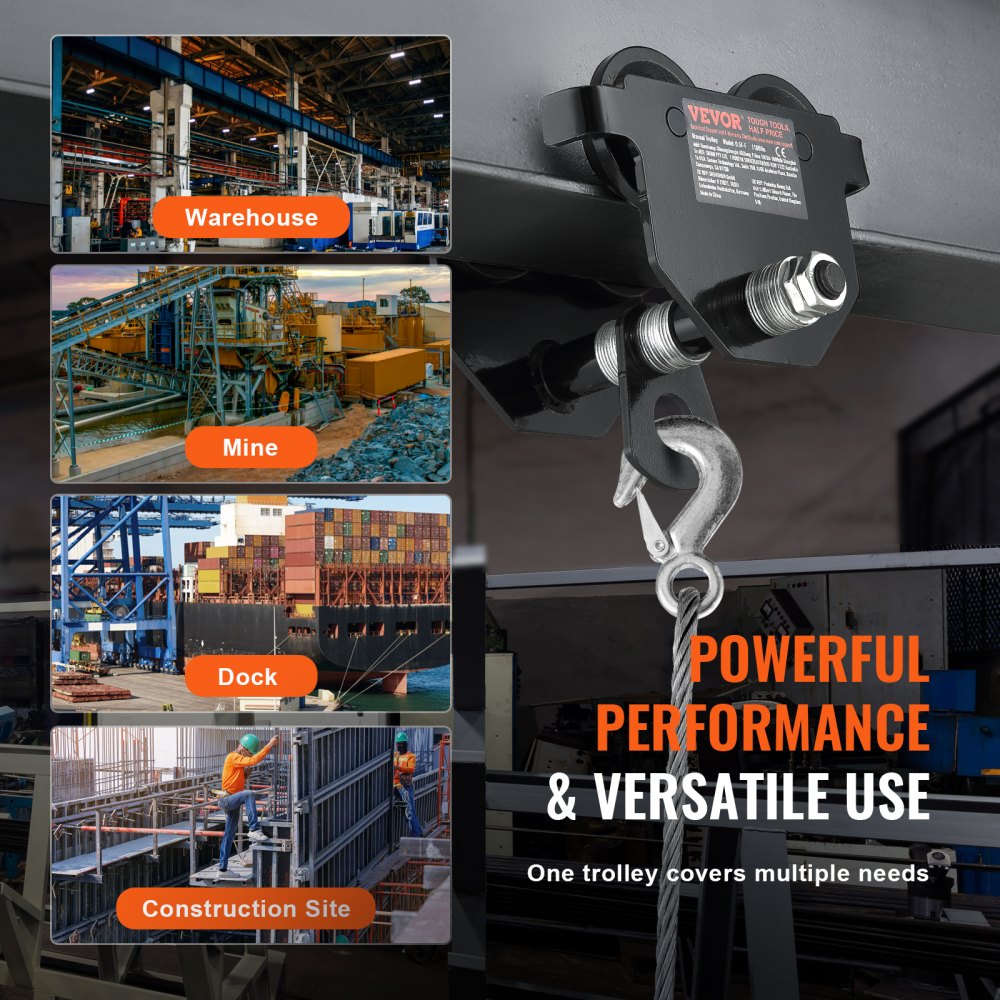VEVOR manual trolley shown in warehouse, mine, dock, and construction site with text &quot;powerful performance&quot;.