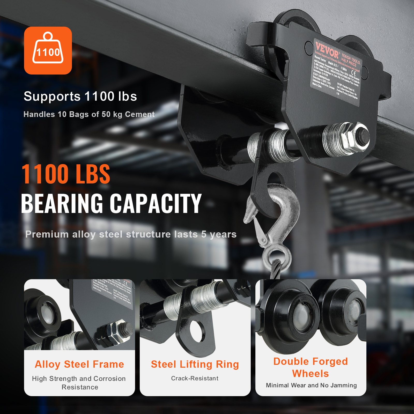 VEVOR manual trolley supports 1100 lbs, with high-strength alloy steel frame, lifting ring, and double forged wheels.