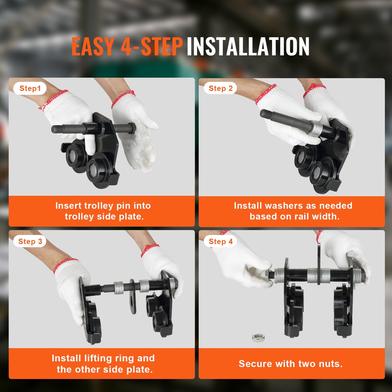 VEVOR manual trolley easy 4-step installation guide with steps for inserting pin, washers, and securing nuts.