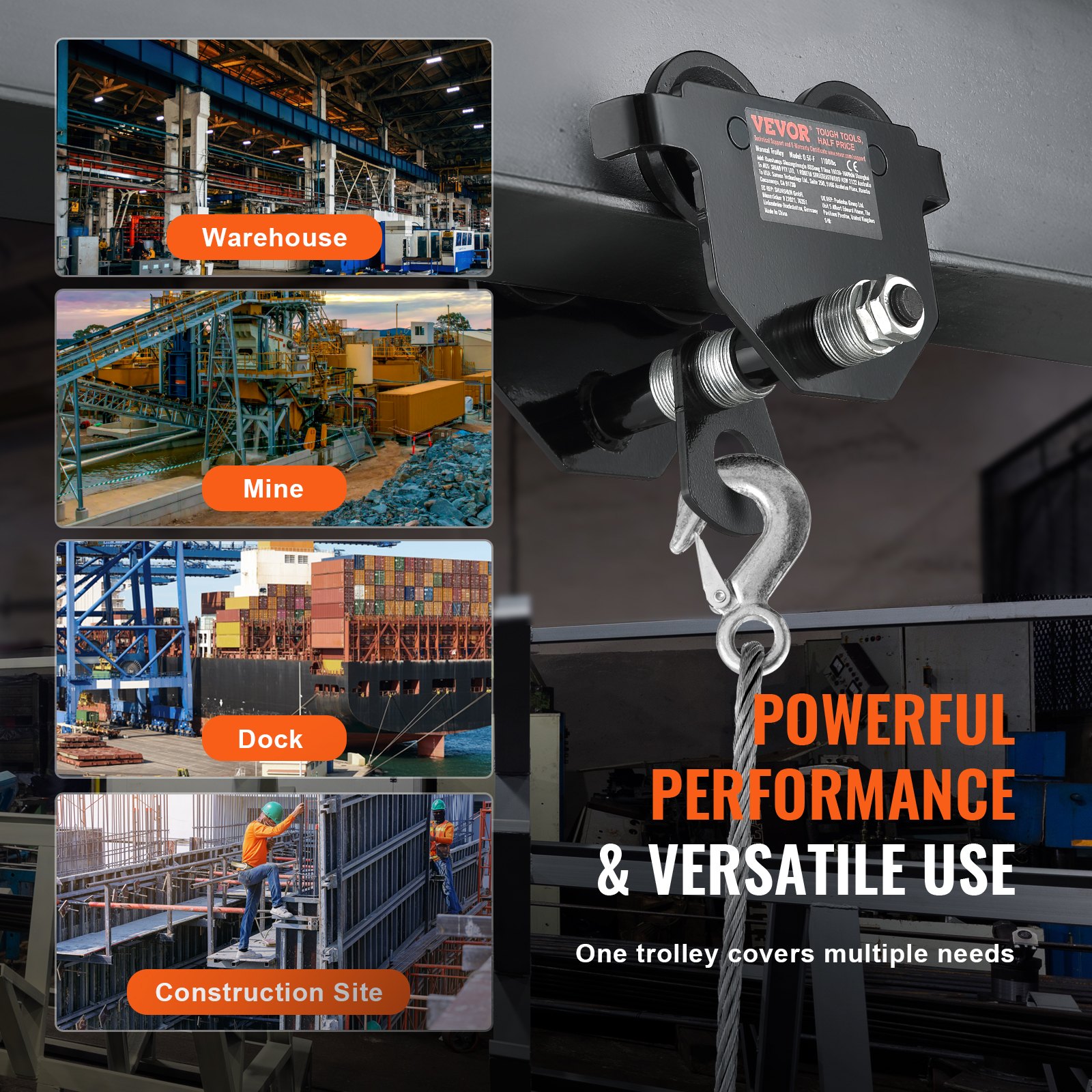 VEVOR manual trolley shown in warehouse, mine, dock, and construction site with text &quot;powerful performance&quot;.