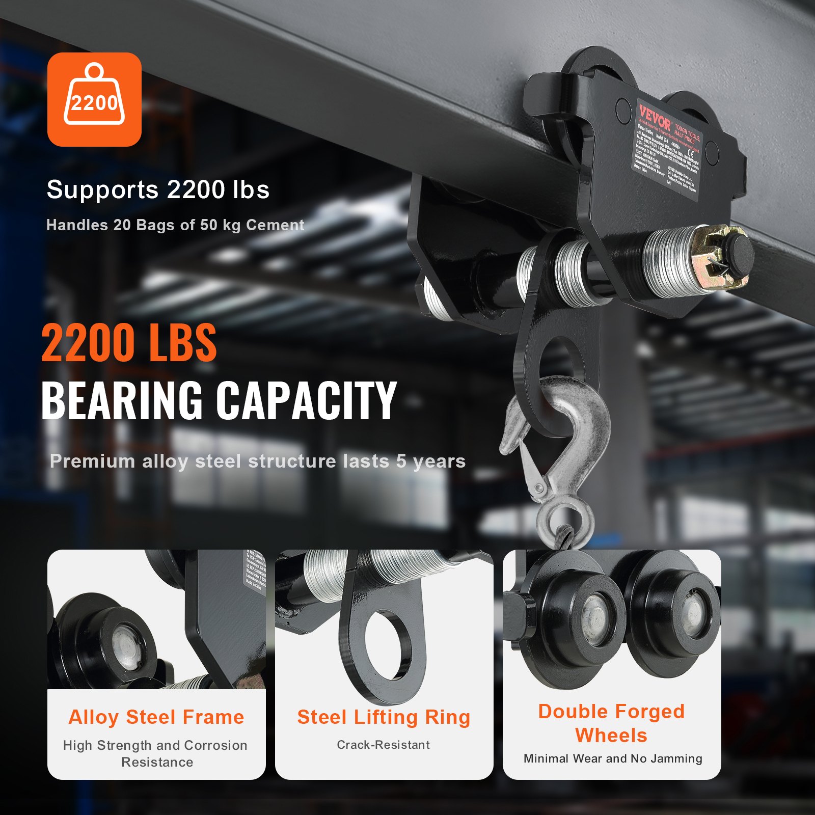 VEVOR manual trolley supports 2200 lbs, with premium alloy steel structure and crack-resistant lifting ring.
