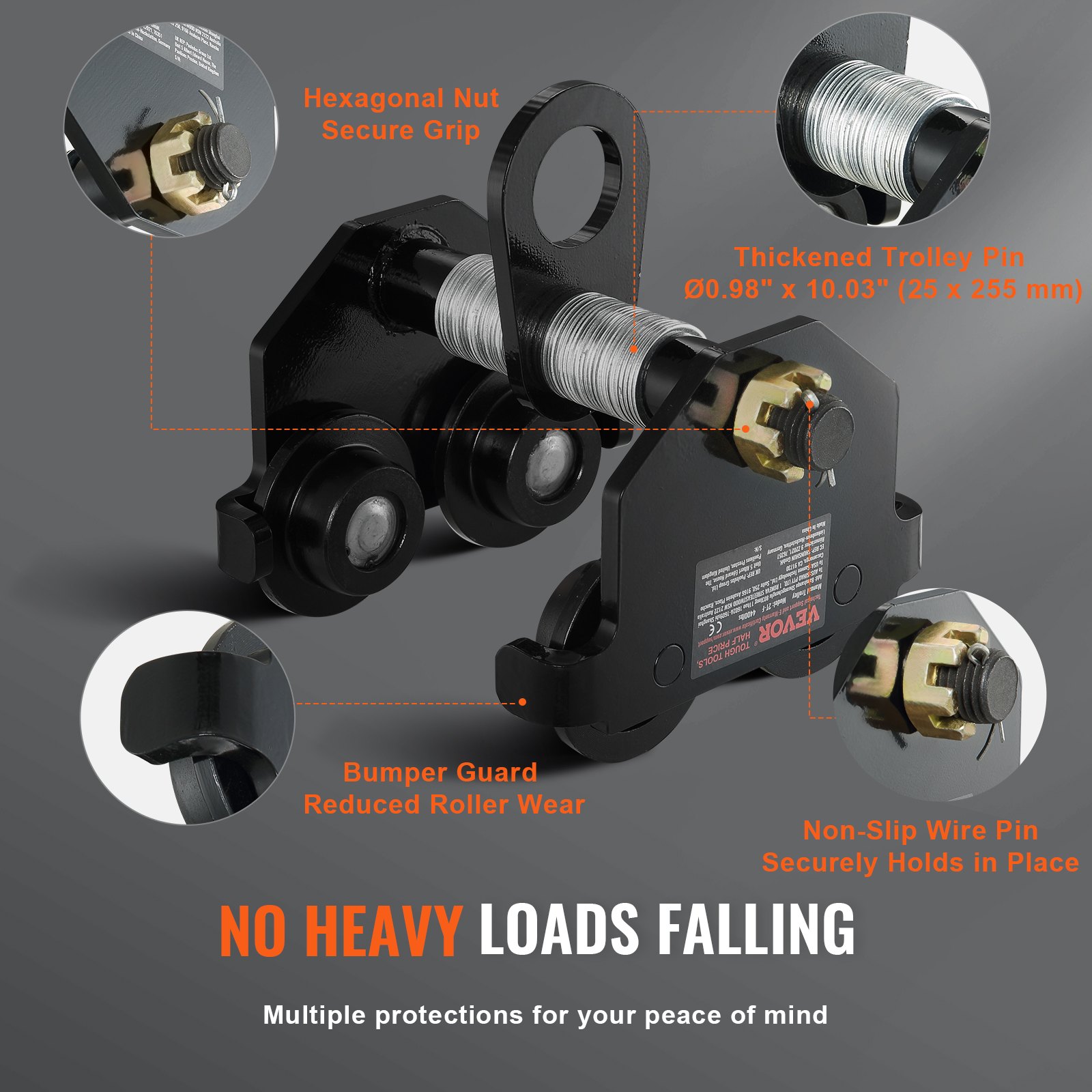 VEVOR manual trolley highlighting hexagonal nut, thickened trolley pin, bumper guard, non-slip wire pin.