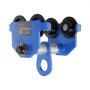 blue VEVOR manual trolley with black wheels and attachment hook for lifting and material handling.