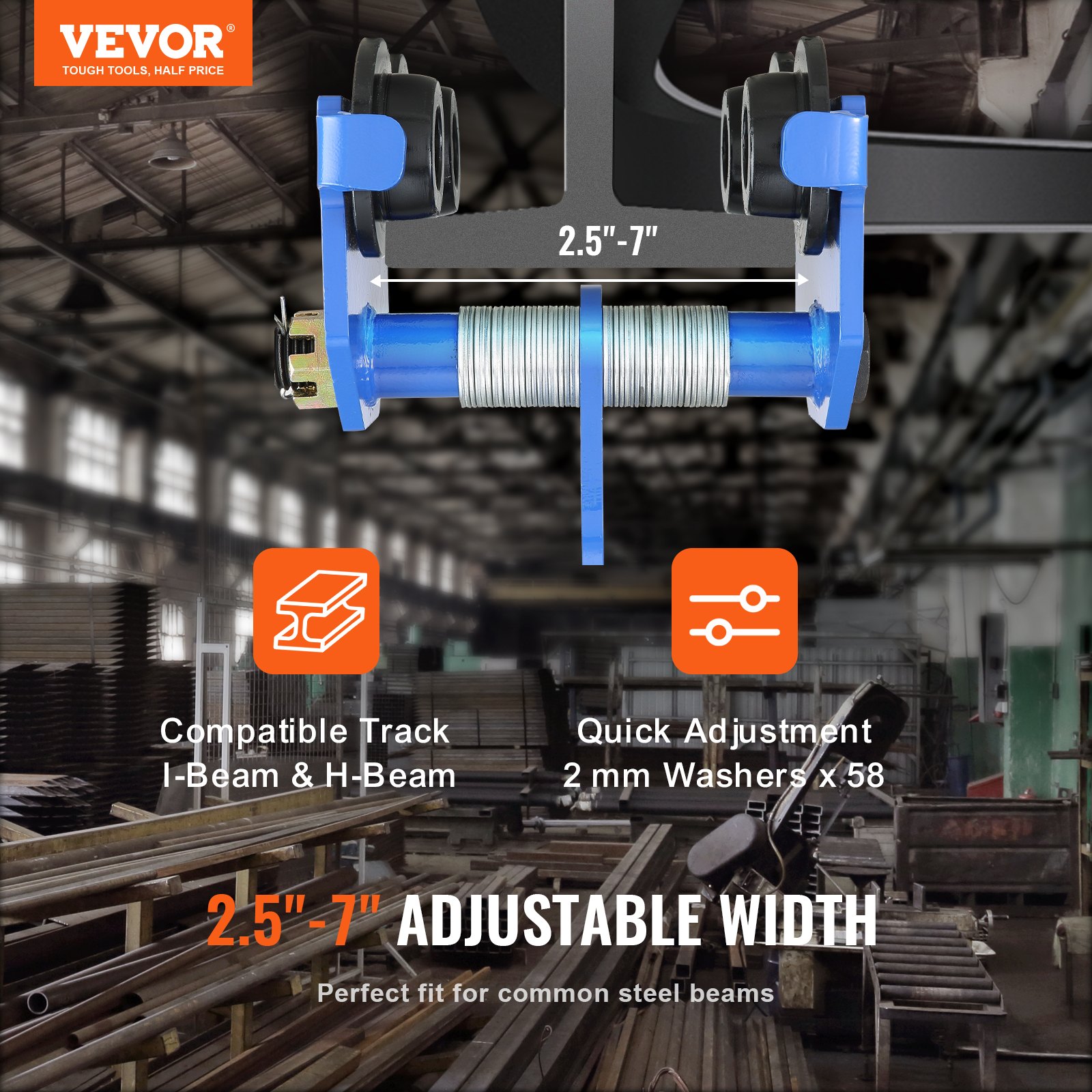 VEVOR manual trolley with adjustable width for i-beam and h-beam tracks in an industrial setting.