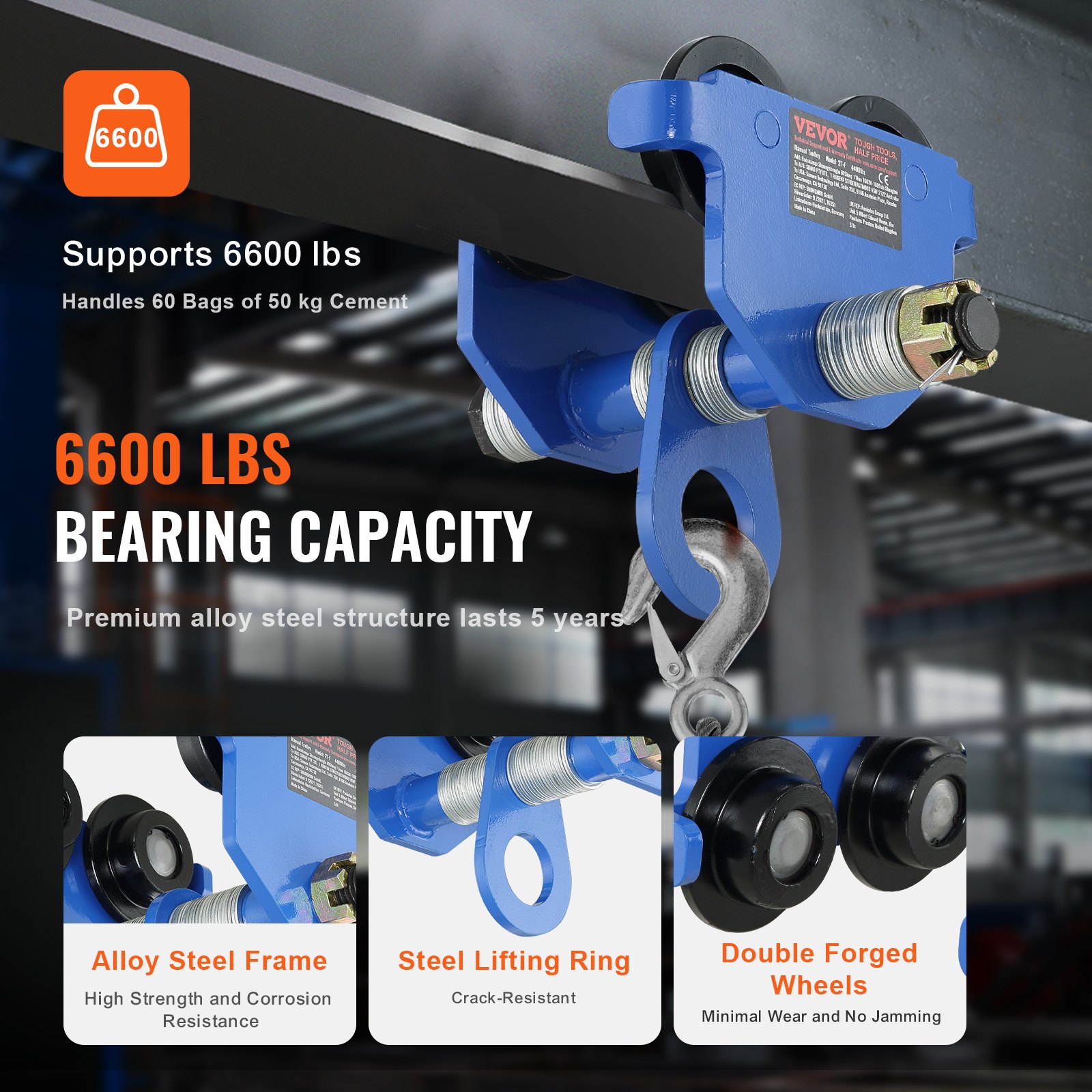 VEVOR manual trolley with 6600 lbs bearing capacity, alloy steel frame, steel lifting ring, and forged wheels.