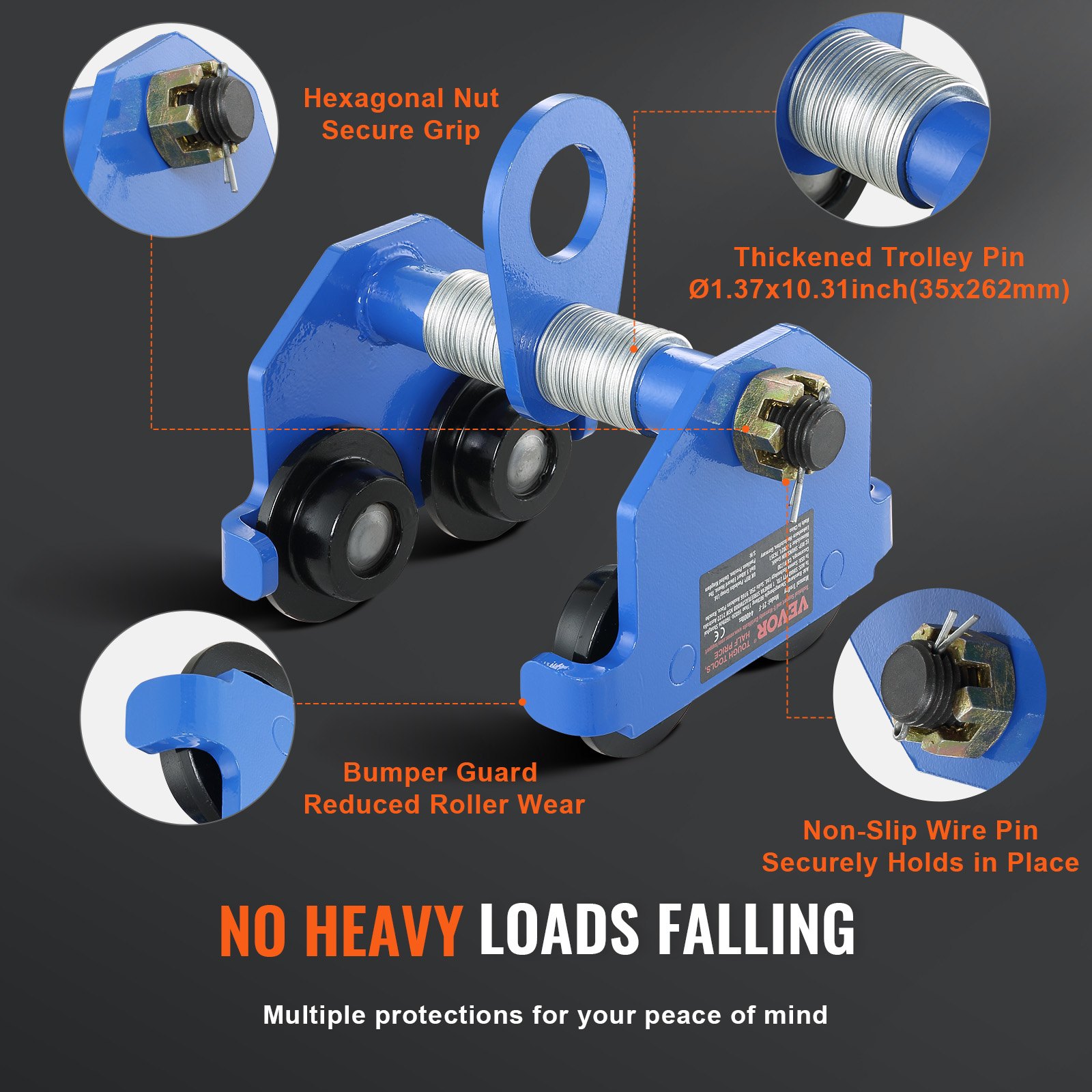 VEVOR manual trolley with secure hexagonal nut grip, bumper guard, and non-slip wire pin for safety.