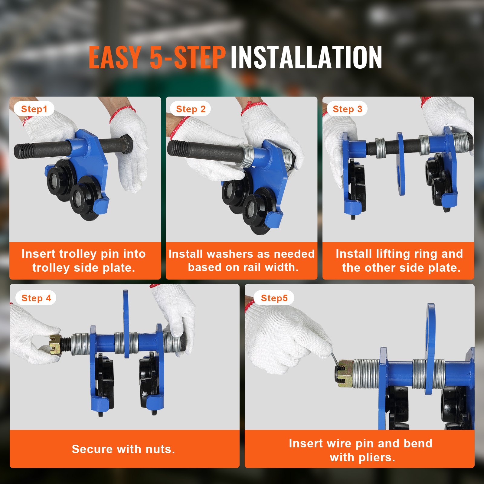 easy 5-step installation guide for VEVOR manual trolley with images of each step using gloves.