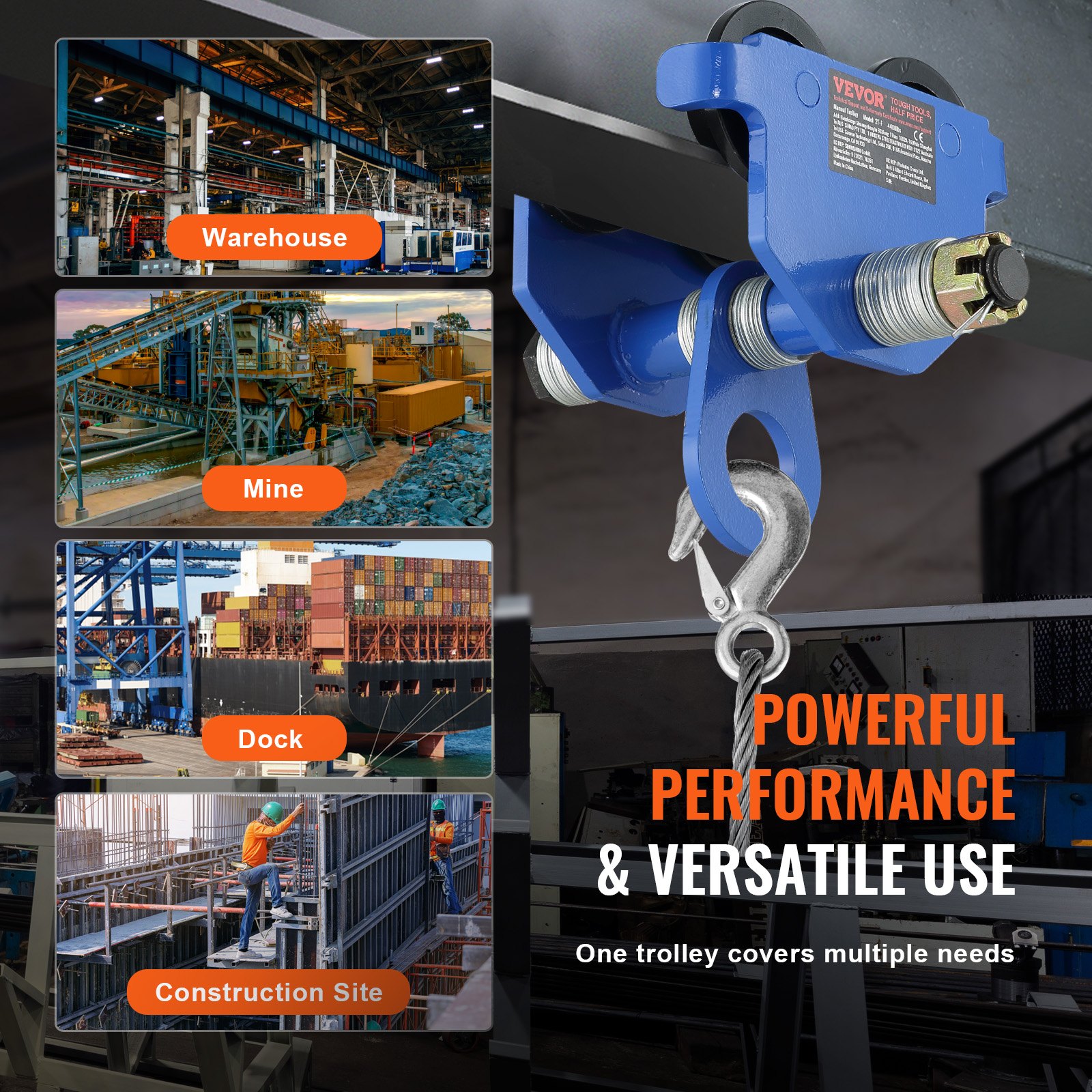 VEVOR manual trolley in blue for warehouse, mine, dock, and construction site use with powerful performance.
