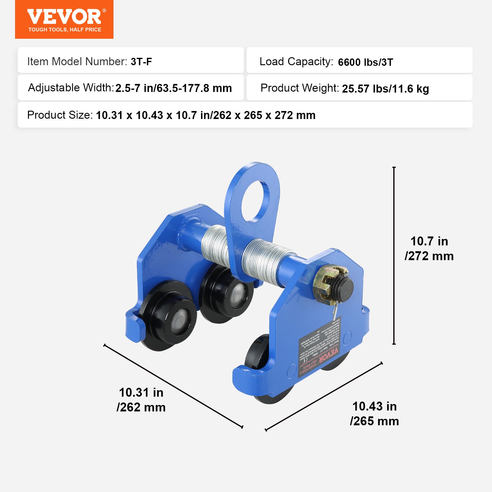 blue VEVOR manual trolley with adjustable width, 6600 lbs load capacity, and compact design.