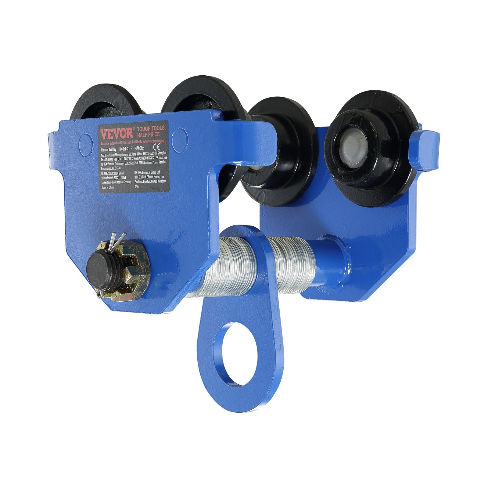 blue VEVOR manual trolley with black wheels and attachment hook for lifting and material handling.