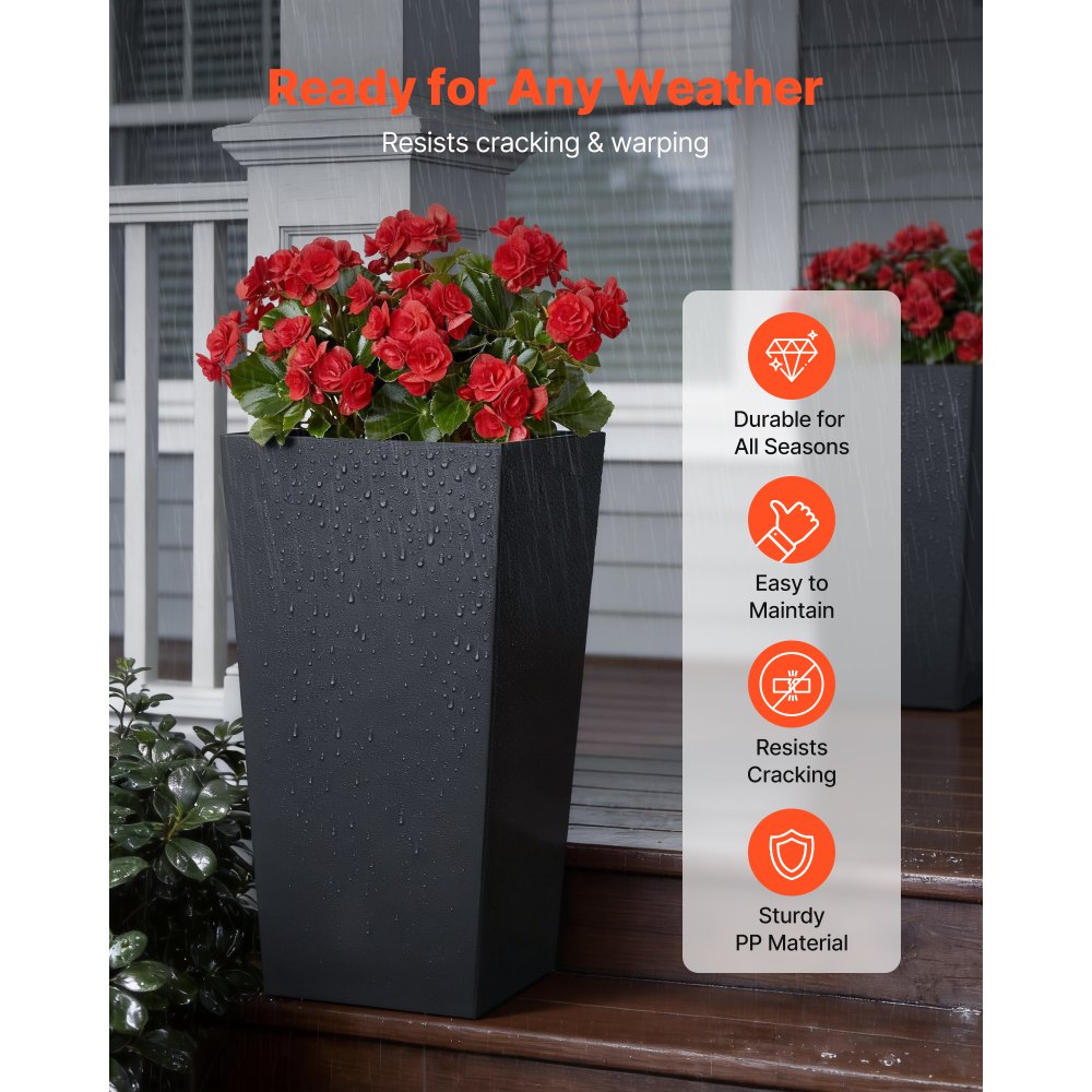 VEVOR Tall Planters Set of 2, 750 mm Large Outdoor Taper Planters for Outdoor Indoor Plants, Front Porch Plastic Modern Flower Pots with Casters, Inner Pot & Drainage Holes for Patio, Garden, Black