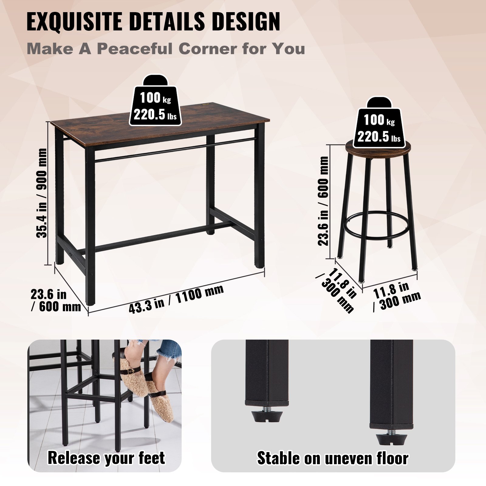 VEVOR Bar Table and Chairs Set 43" Pub Table Set with 4 Bar Stools Kitchen Dining Table and Chairs Set for 4 Iron Frame Counter Height Dining Sets for Home, Kitchen, Living Room